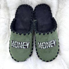 велюрові капці кольору хакі з написом Money